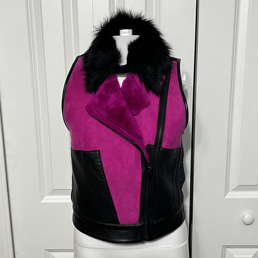 Ohne Titel Vest Womens Pink Black Shearling Leather Sherpa Biker Fur Collar Moto